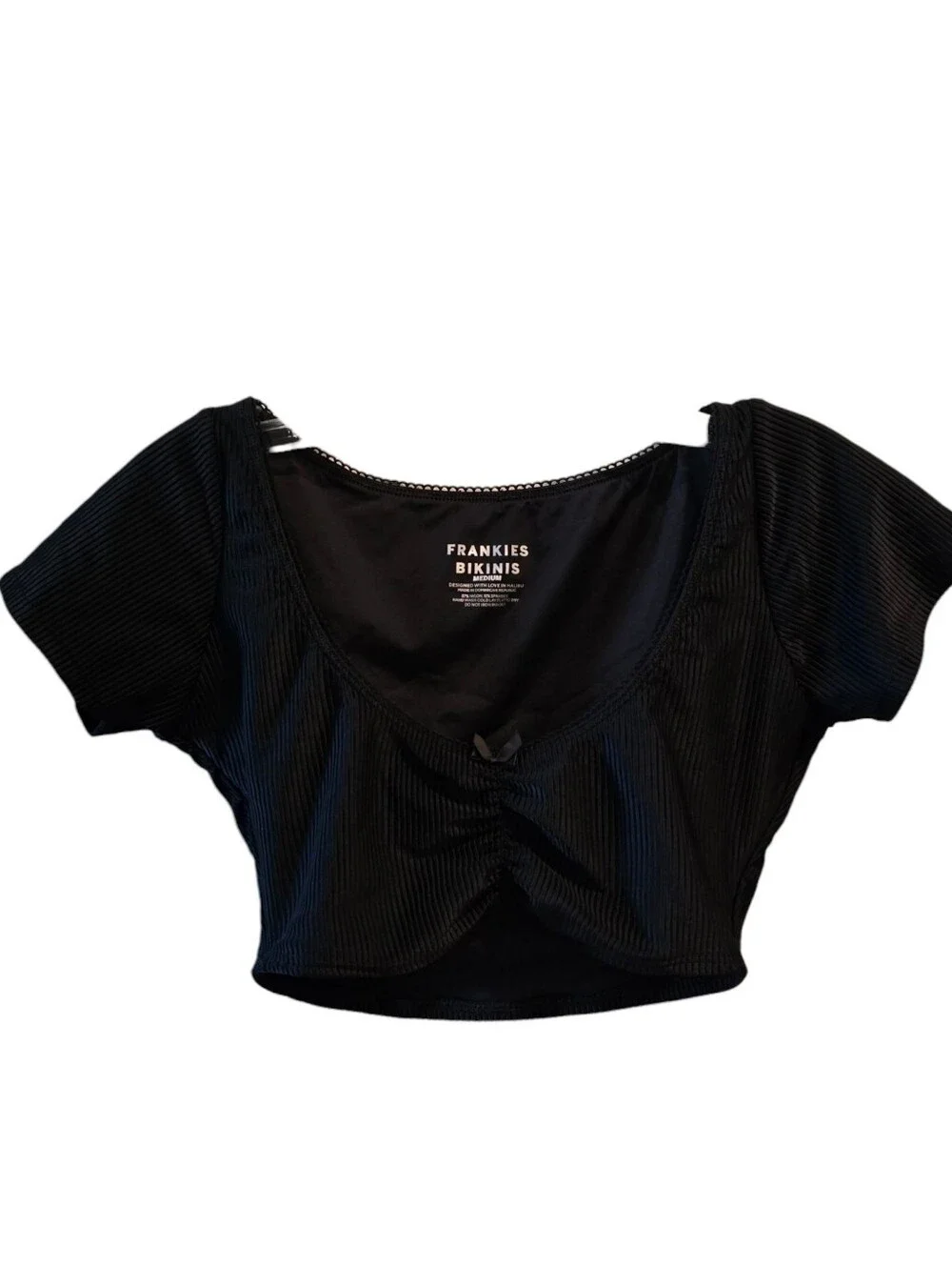 FRANKIE'S BIKINIS Black Short Sleeve Top Ribbed Medium Swimsuit